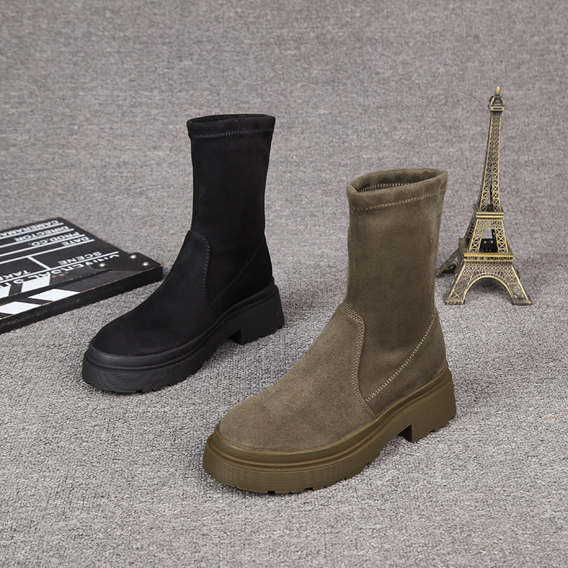 유럽 ??역 2024 가을 새로운 소매 다목적 두꺼운 발 뒤꿈치 탄성 NUBUCK 가죽 라운드 발가락 탄성 부츠 여성을위한 캐주얼 짧은 부츠