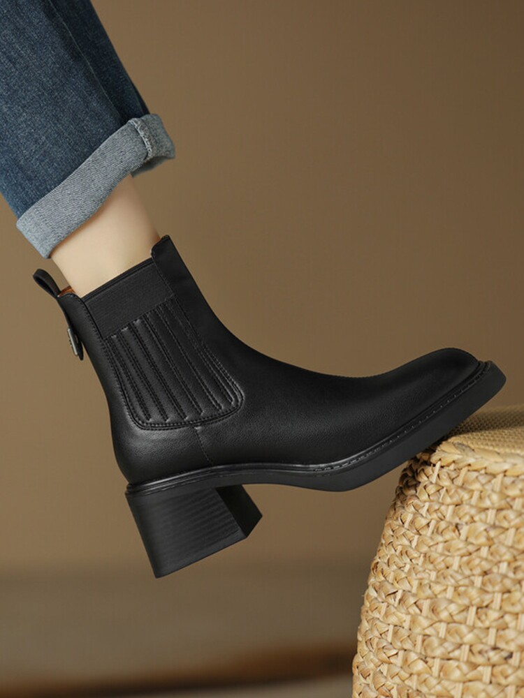 BLOCK HEEL BOOTIE WOMENS WINTER 2024 NEW COMFORTABLE SLIM STRETCH BOOTS SQUARE TOE FRENCH ANKLE BOOTS HIGH HEELS CHELSEA BOOTS