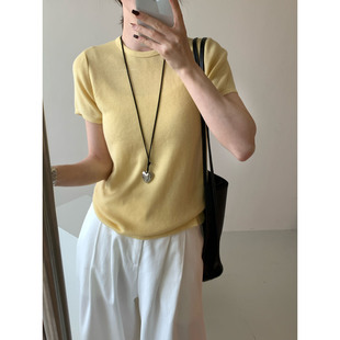 春日色彩 2025春夏季韩系温柔时髦亮色圆领短袖针织衫显瘦打底女