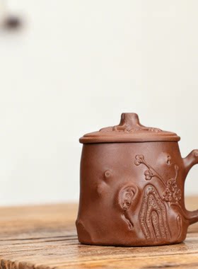 手工紫砂带盖雕刻花纹功夫茶杯