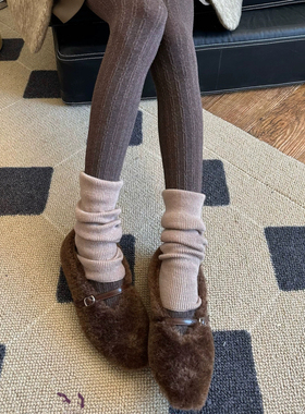 不可思一间秋冬无绒棉质竖纹麻花百搭显瘦咖色灰色白色连裤打底袜