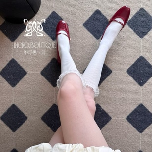 不可思一间薄款 透气竖条纹少女甜美小花边蕾丝女小腿袜中筒堆堆袜