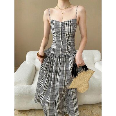 司南压褶工艺法式复古格纹褶皱