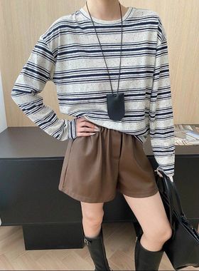 随性慵懒风 复古雪花杂点条纹圆领宽松休闲长袖T恤 SN8225