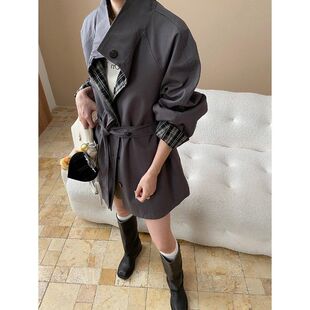 SN8099 风衣外套 正反两穿设计 复古格纹拼接立领宽松中长款