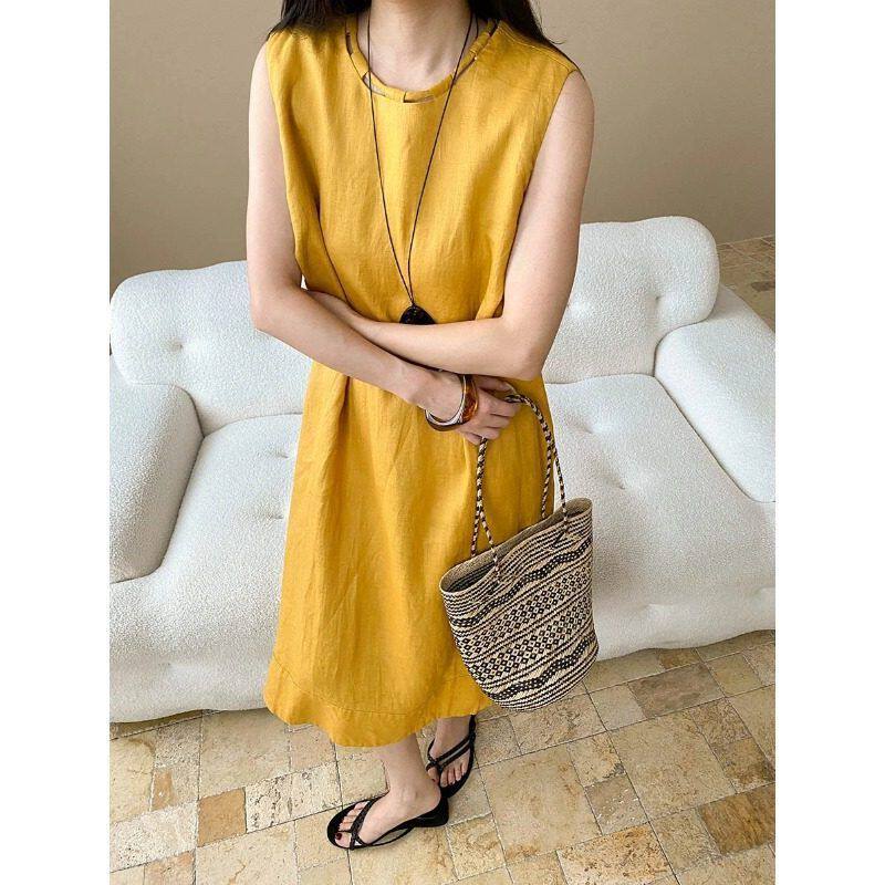 无尽假期 慵懒度假风系带领宽松A字亚麻背心连衣裙 SN7694