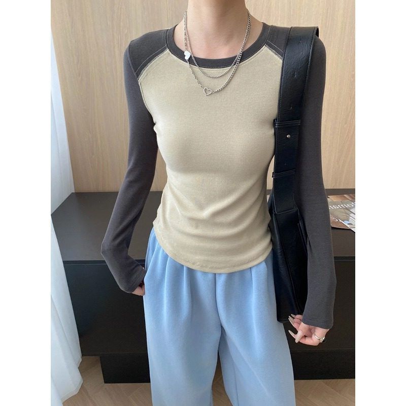 穿出小蛮腰 美式复古撞色插肩袖修身显瘦T恤打底衫 SN7832