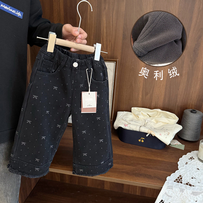 高级质感印花一体奥利绒牛仔裤