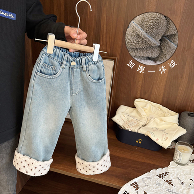 洋气翻边超厚一体绒保暖牛仔裤