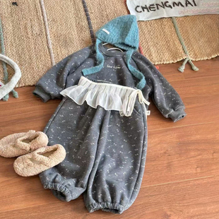 女宝宝韩系碎花加绒加厚套装女婴儿秋冬装女童卫衣卫裤休闲两件套