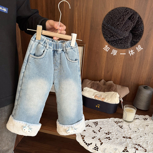 洋气 女童加绒加厚直筒牛仔裤 女宝宝一体羊驼绒保暖棉裤 女婴儿冬装