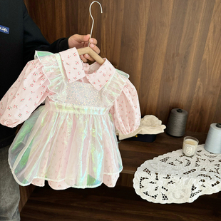 女宝宝甜美连衣裙套装女童春秋装女婴儿童流光碎花公主裙两件套