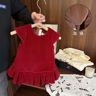 女宝宝新年装红色加厚加绒连衣裙女婴儿童秋冬款女童天鹅绒背心裙