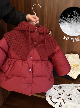 女宝宝羽绒服洋气红色新年装女童冬装女婴儿童白鸭绒外套加厚保暖