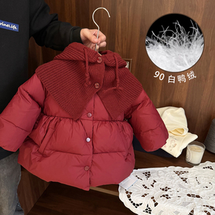 女宝宝羽绒服洋气红色新年装女童冬装女婴儿童白鸭绒外套加厚保暖