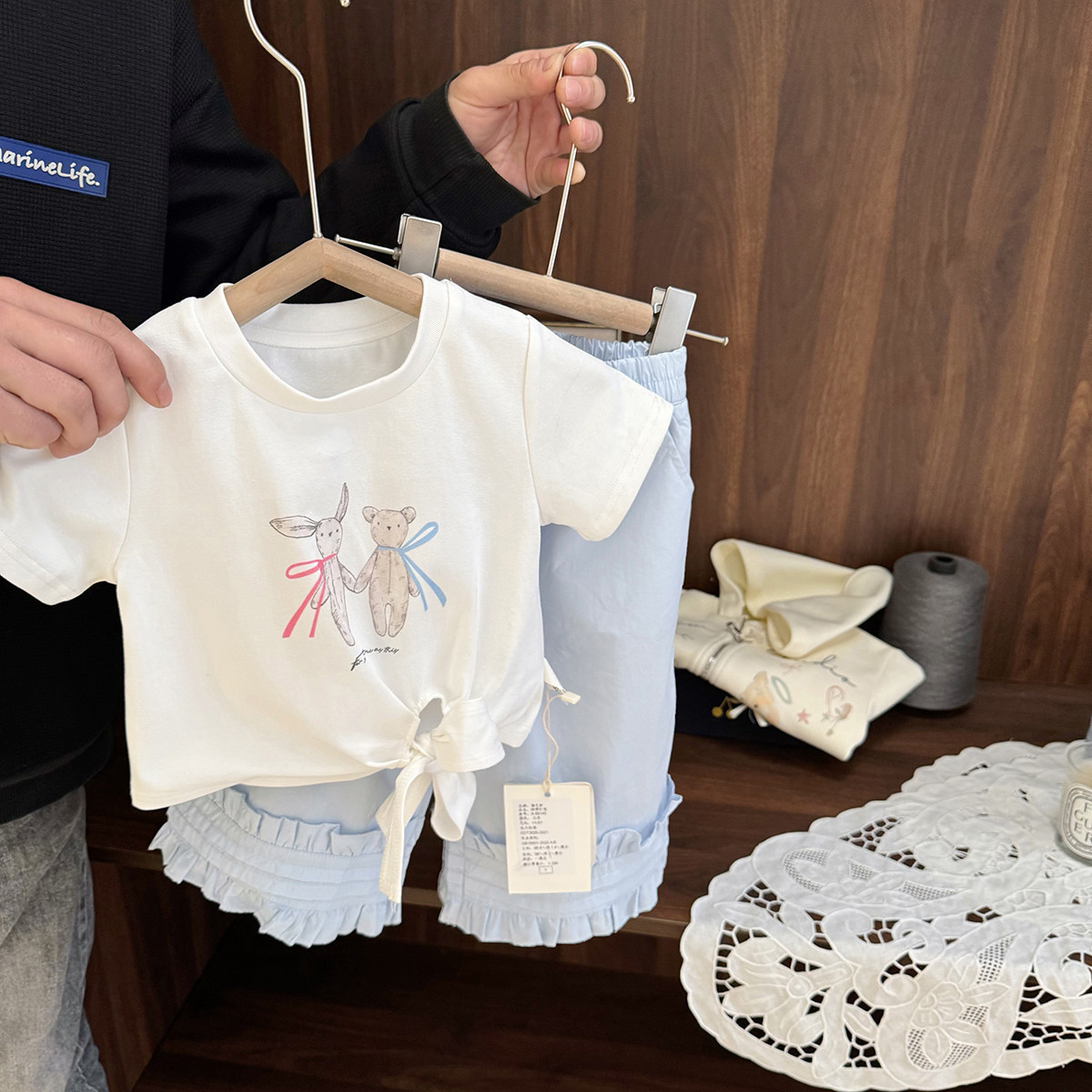 女宝宝洋气搭配套装女童夏季韩系女婴儿绑带T恤阔腿山本阔腿裤潮