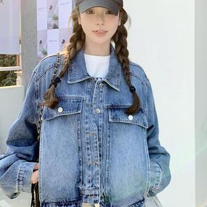蓝色盐系小个子休闲牛仔夹克女秋季短款高级感穿搭时尚翻领外套图片