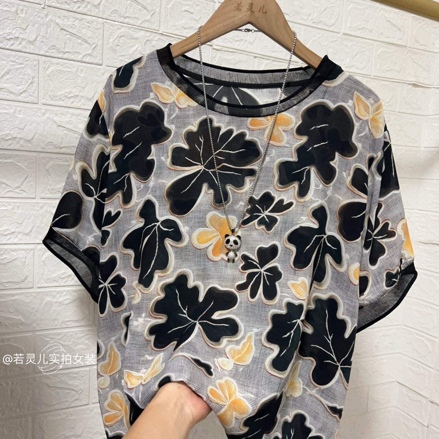 若灵儿韩版宽松休闲遮肉显瘦简约百搭女装短袖时尚印花雪纺衫上衣