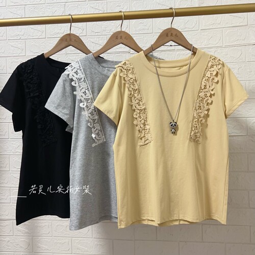 若灵儿韩版宽松休闲遮肉显瘦简约百搭蕾丝拼接女装短袖T恤上衣