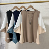T恤显瘦遮肚女款 拼色拼接短袖 大码 上衣蝙蝠袖 2024夏季 衬衫 新款