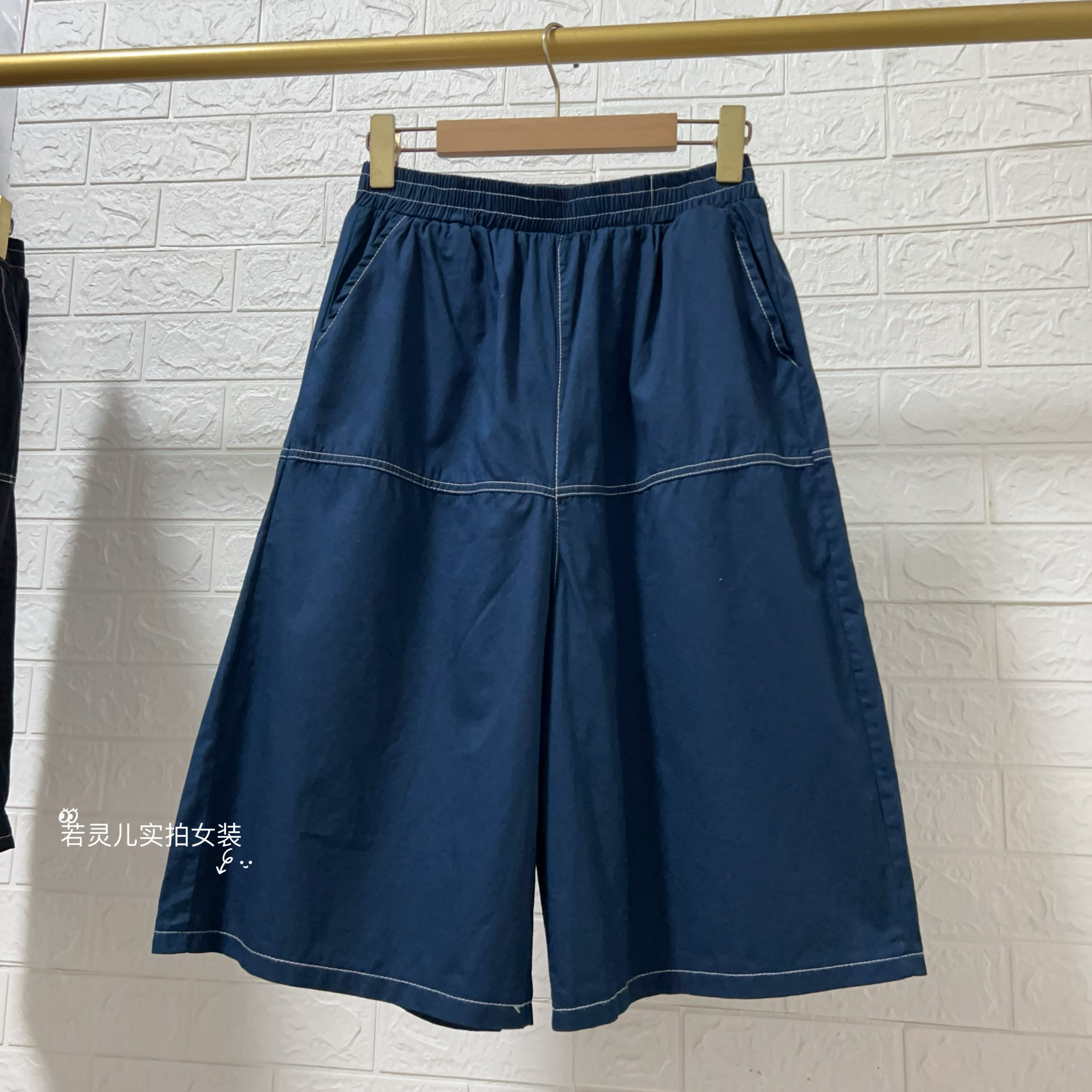 2024夏季新款日系简约纯色松紧腰宽松休闲阔腿裤女百搭七分短裤子
