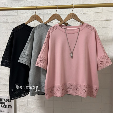 工厂直供大码女装批发 肩部蕾丝短袖纯棉T恤宽松休闲显瘦大码上衣