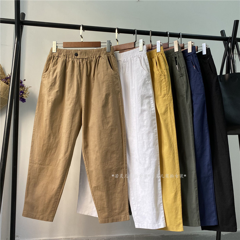 弹力高腰麻棉九分裤纯色简约百搭