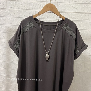 肩部蕾丝拼接短袖 大码 新款 夏季 T恤宽松休闲显瘦胖mm上衣 女装