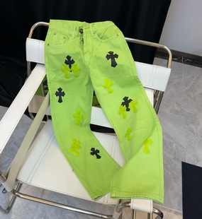 潮牌贴皮十字架裤子牛王新款多巴胺绿色牛仔裤男女款宽松直筒长裤