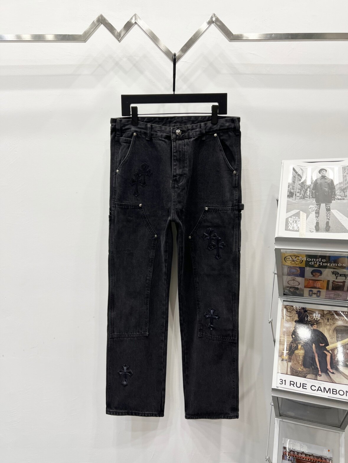2025牛王新款工装潮牌牛仔裤拼皮十字架牛仔长裤男宽松直筒阔腿裤