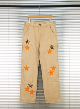 炸街法宝重工伐木贴皮五角星卡其橙色豹纹星星情侣牛仔裤男女同款