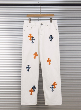 欧美时尚美式贴皮橙色迷彩十字架牛仔裤男女同款宽松直筒白色长裤