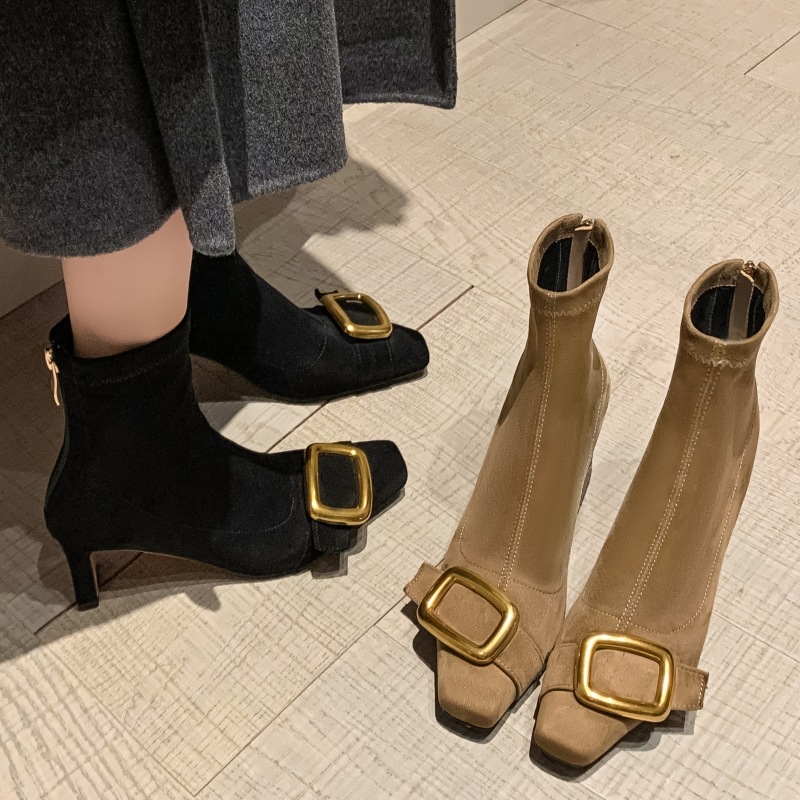 韩版手工短靴女单靴方头皮带扣高跟粗跟百搭洋气时尚显瘦404142码