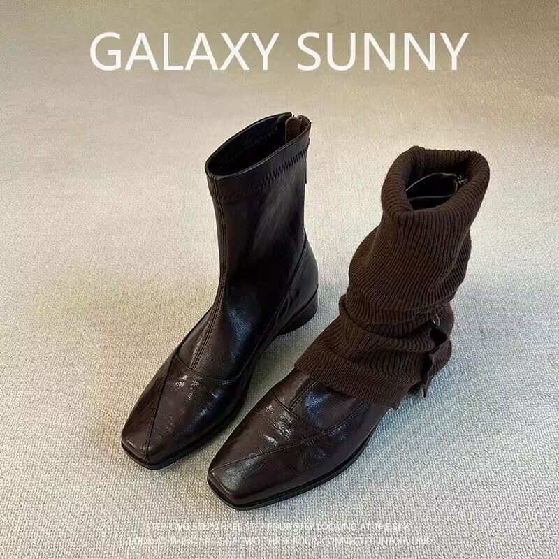 软羊皮小短靴女2025年秋冬新款真皮气质方头软底舒适平底瘦瘦靴女,女鞋,马丁靴,淘宝优惠券,粉丝福利购,淘宝优惠卷