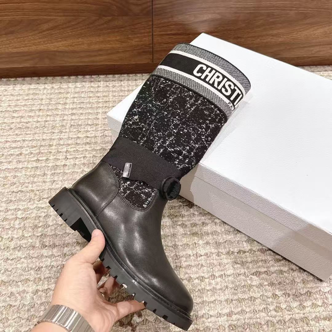 字母刺绣拼色中筒靴厚底粗跟长靴