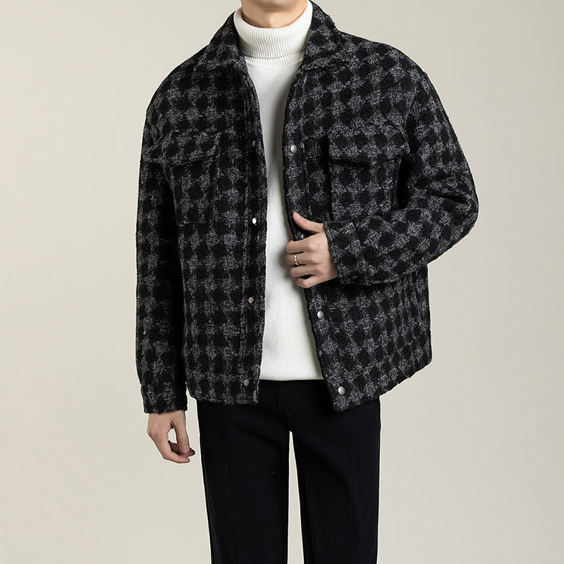 毛呢夹克男秋冬季新款轻熟风男装休闲 棉衣翻领加厚格子男士棉服