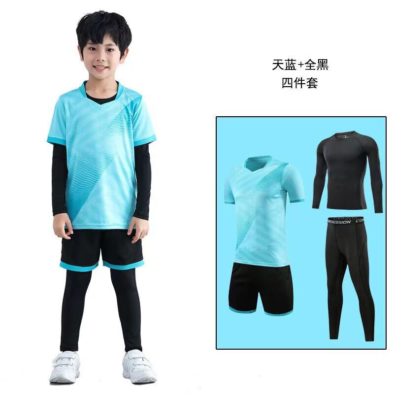儿童足球服运动紧身衣训练服健身四件套小学生球衣套装男加绒印号