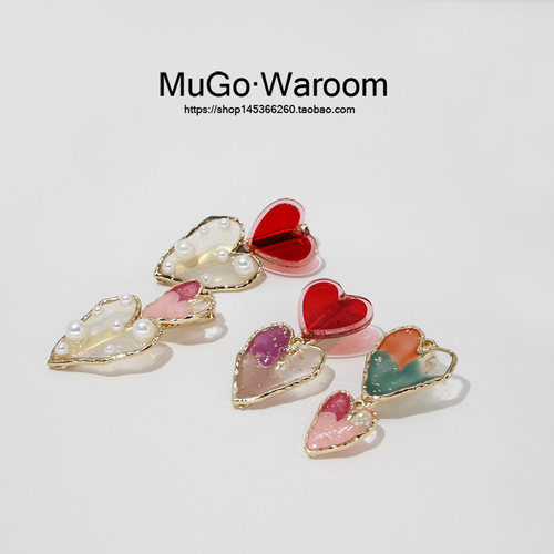 MuGo韩国东大门爱心珍珠鸭嘴夹ins甜美红色刘海边夹碎发夹子