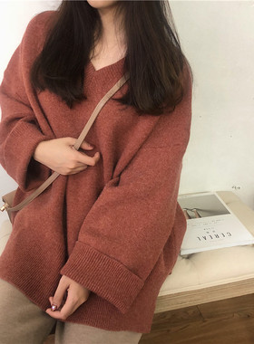 2024新年红色毛衣V领oversize慵懒宽松大毛衣下摆开叉套头厚毛衣