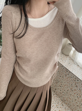 MYWAY 拼色假两件设计基础打底衫圆领纯欲薄款长袖针织毛衣女毛衣