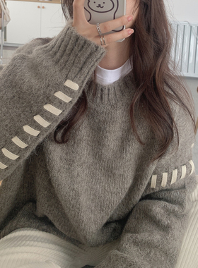 MYWAY 慵懒宽松显瘦软糯绑带蝴蝶结设计套头毛衣秋冬燕麦色长袖女