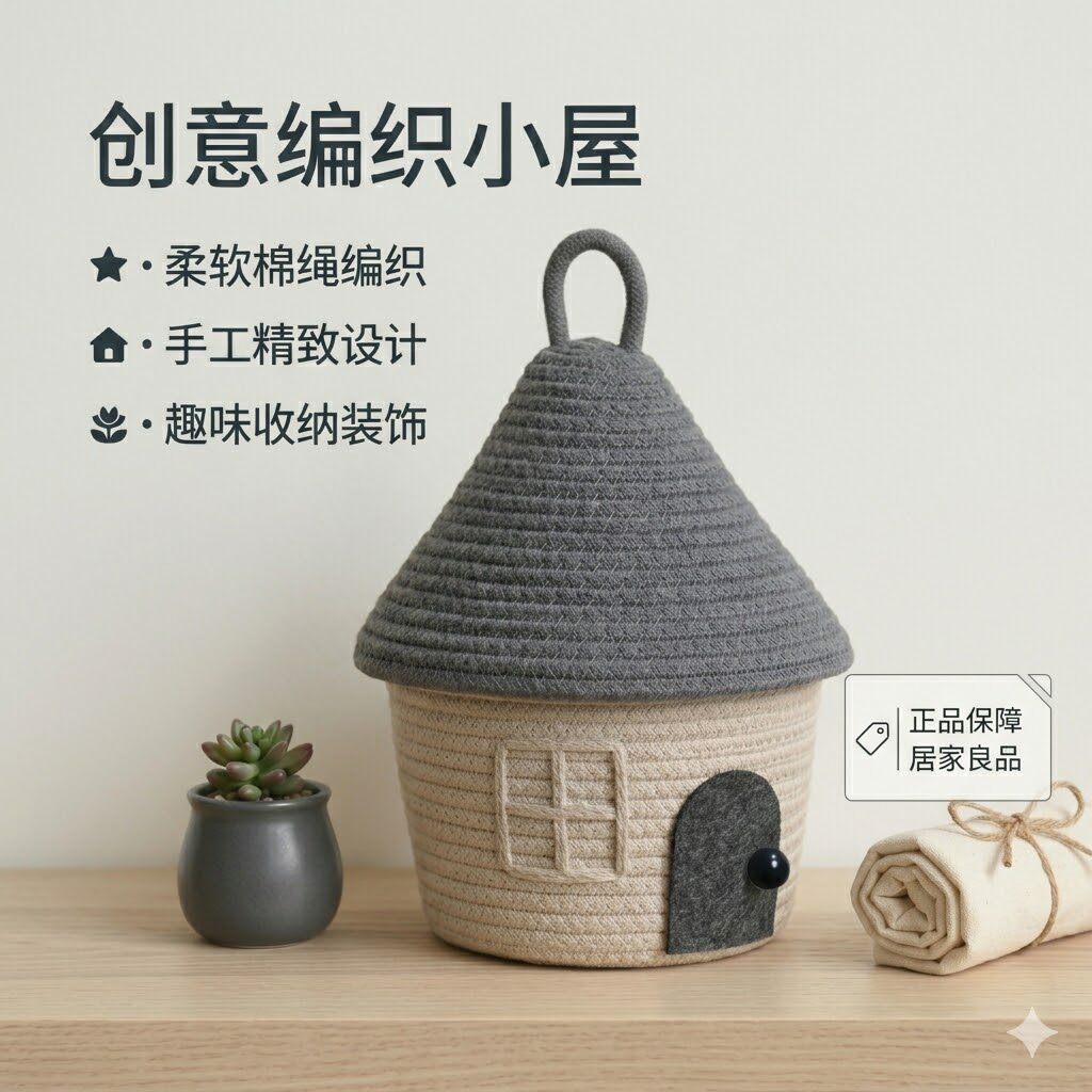 手工棉线编织可爱创意小屋收纳筐家居装饰带盖桌面化妆品杂物装饰