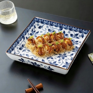 中式复古青花瓷四方形陶瓷盘子意境摆盘冷菜盘凉菜盘明档盘釉下彩