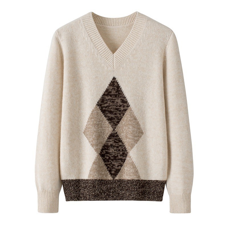 鄂尔多斯市产纯羊绒V领提花长袖羊绒衫宽松针织衫女秋冬加厚毛衣