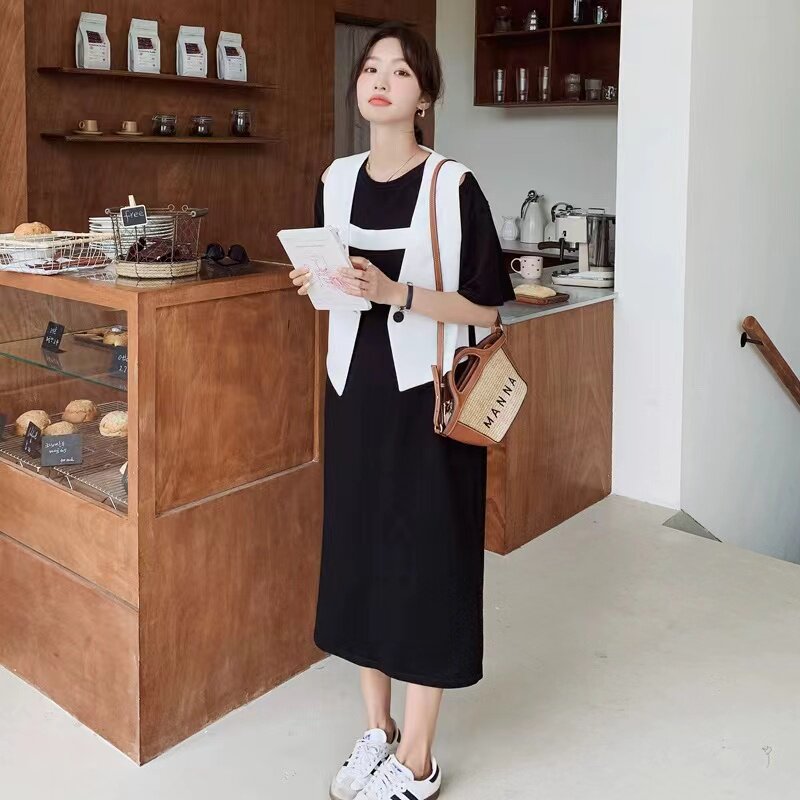 法式时尚气质西装马甲套装女2025夏季新款宽松显瘦T恤长裙两件套图片