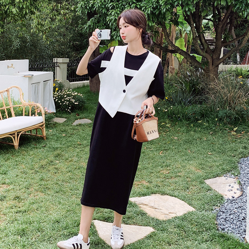 法式时尚气质西装马甲套装女2025夏季新款宽松显瘦T恤长裙两件套,女装马甲,2D082