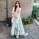设计感温柔罩衫半身裙套装女2025年夏季新款慵懒风气质叠穿两件套，女装连衣裙，2D082