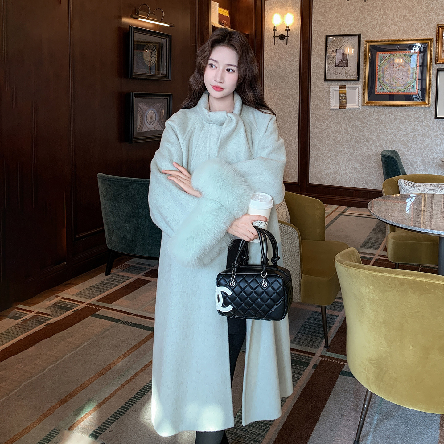 法式温柔风气质高级感毛呢外套女2025年冬季毛茸茸中长款呢子大衣,女装毛呢外套,2D082