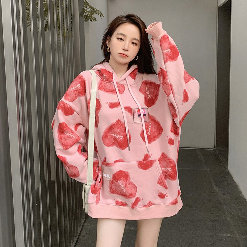 早秋新款慵懒连帽卫衣女2025韩系粉色设计感爱心印花减龄宽松上衣,女装卫衣/绒衫,2D082