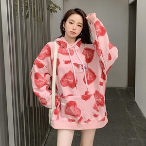 早秋新款慵懒连帽卫衣女2025韩系粉色设计感爱心印花减龄宽松上衣图片